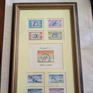 Framed Vintage Penguin Postage Stamp Collection SeaWorld Souvenir